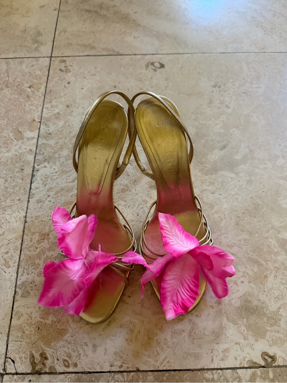 RUNWAY HEELS Celine by Michael Kors Gold Slingback Heels with Pink Floral Detail